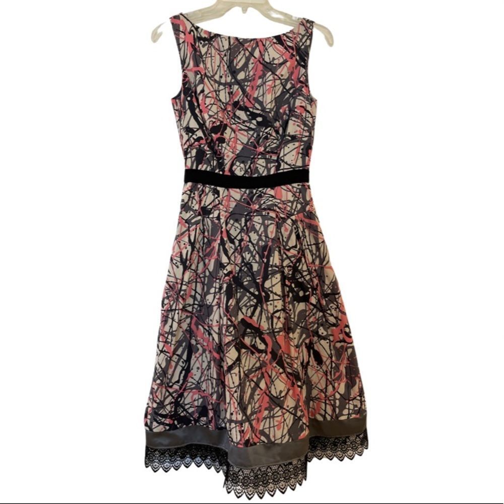 Milly Paint Splatter Pink Black Lace Trim Midi Dress … Gem